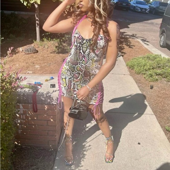 Multicolor Snakeskin Python Snake Print Halter Caged Party Cocktail Dress - Picture 7 of 12